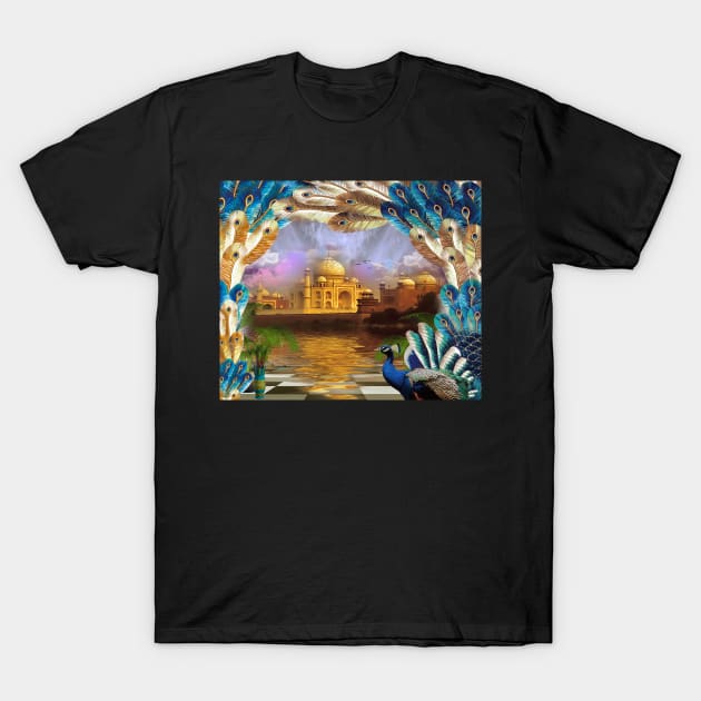 Peacock With Taj Mahal at Sunset T-Shirt by ERArts